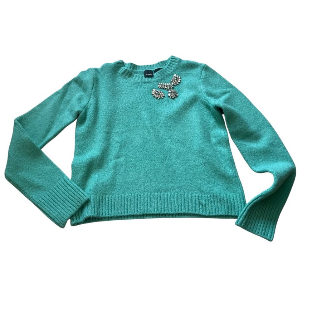 Pinko Teal Blue Sweater knit W Rhinestones Embellished crew neck S small